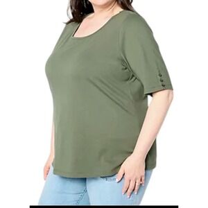 D&Co Essentials Olive Green Scoop Neck Top with Button Sleeve Detail Size M